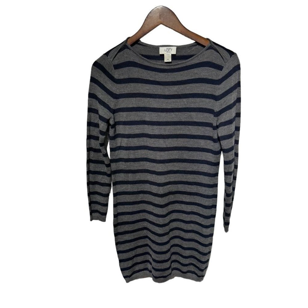 Loft Gray/Blue Striped Sweater Dress Size Medium Petite